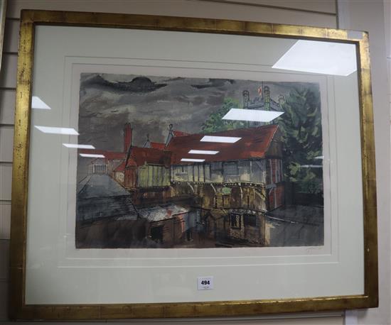 John Piper, silkscreen print, Chantrey House, Henley 1983, signed, Bohan Gallery label verso